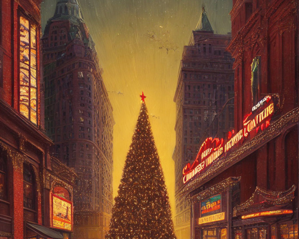 Cityscape with Christmas tree, illuminated buildings, and snowfall at twilight
