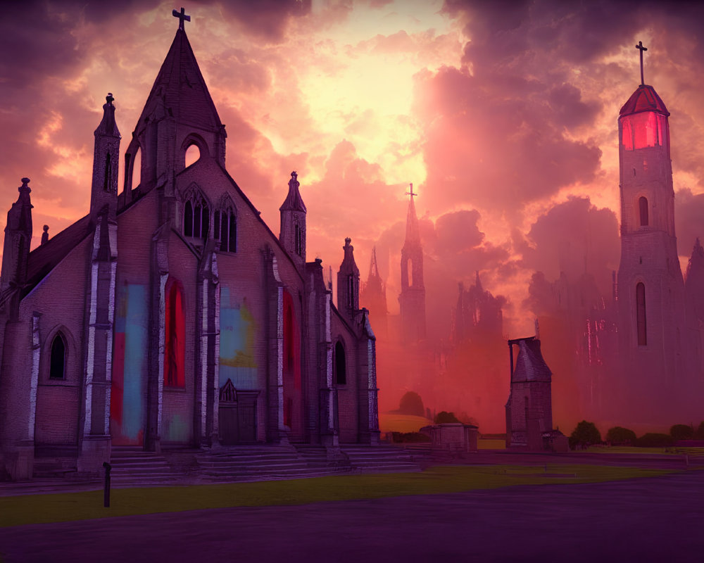 Gothic Church Silhouettes in Red Sunset Sky