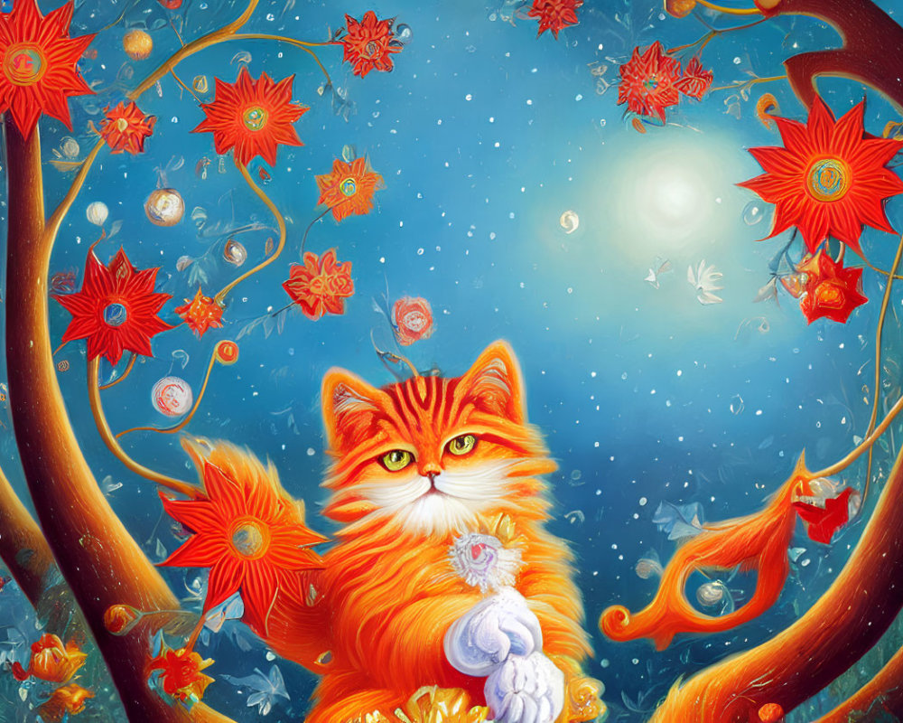 Colorful illustration of large orange cat in whimsical forest setting