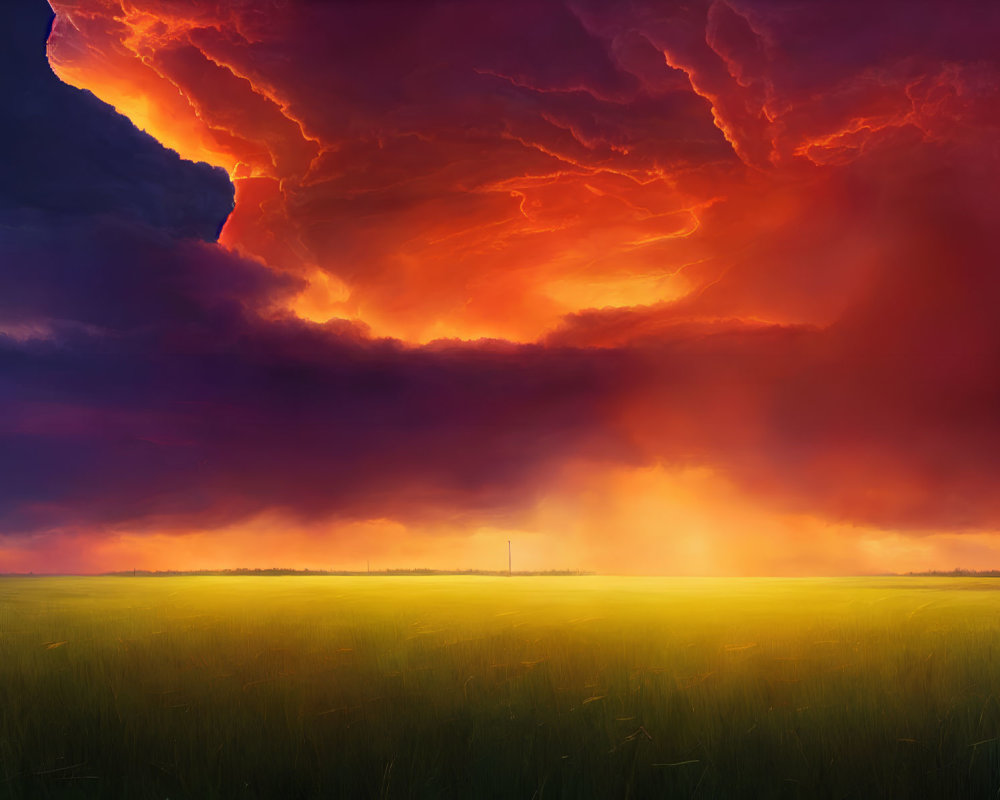 Vivid sunset with fiery orange and red storm clouds over green field