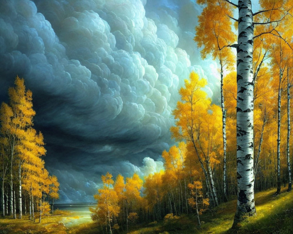 Vibrant autumn trees in dramatic landscape under stormy sky