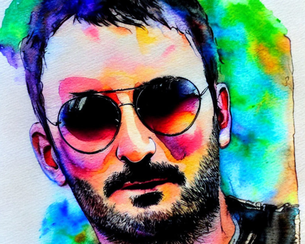 Colorful Watercolor Painting of Bearded Man in Round Sunglasses