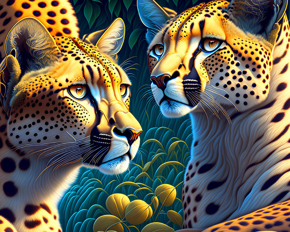 Detailed Digital Art: Luminescent Cheetahs in Green Foliage