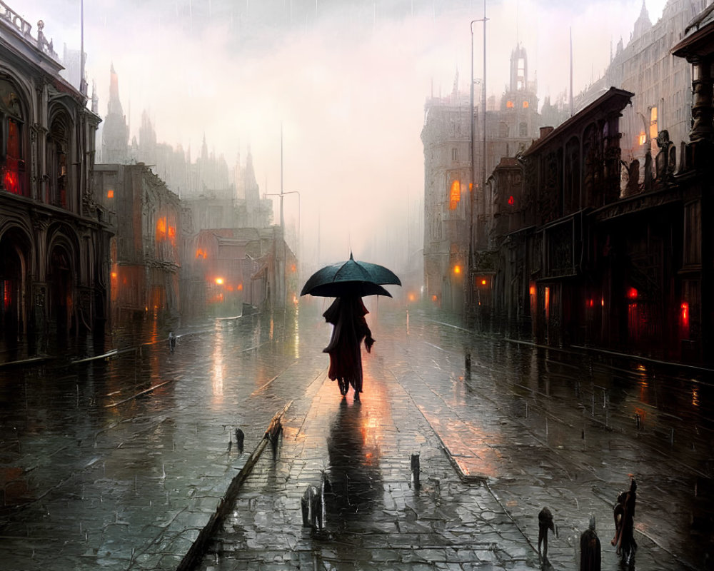 Solitary figure with umbrella on rainy cobbled street among silhouetted people and Gothic architecture