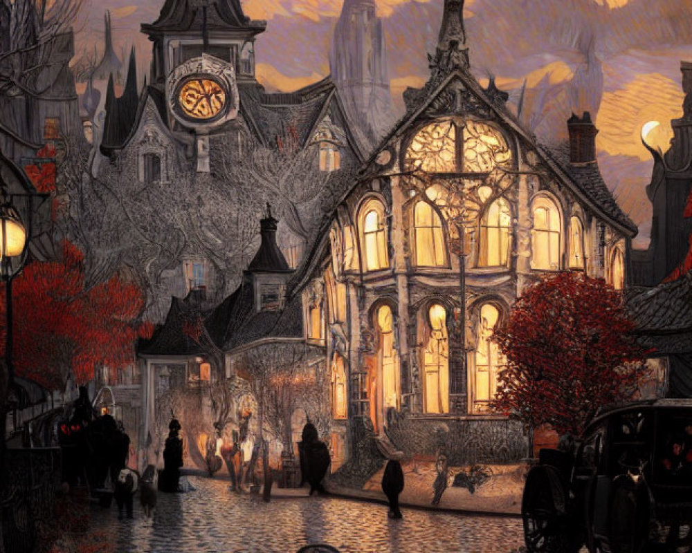Victorian-era street at dusk with clock tower, vintage cars, illuminated buildings, and pedestrians under twilight