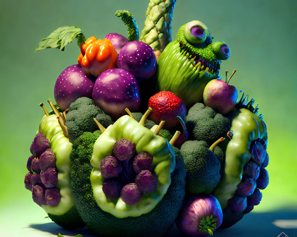 Whimsical creature made of fruits and vegetables with eye stalk