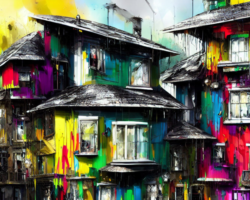 Colorful urban houses with dripping paint under yellow sky - blending urban scenery with abstract twist