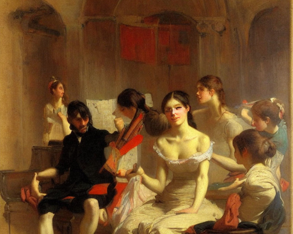 19th-Century Painting: Woman in White Listens to Violinist in Warm Interior