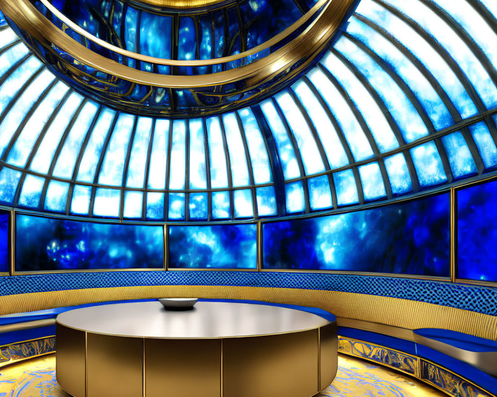 Futuristic circular room with golden floors and blue neon dome.