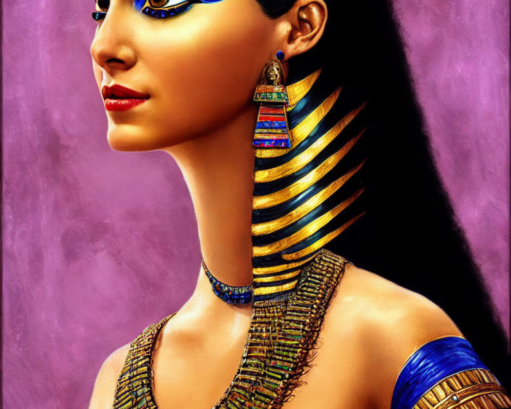 Colorful portrait of a woman as Egyptian pharaoh on purple backdrop
