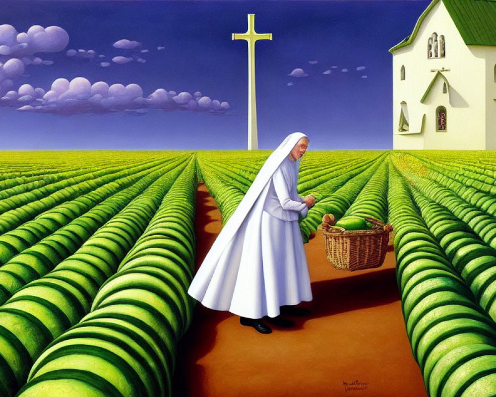Nun walking through green hills to church under blue sky