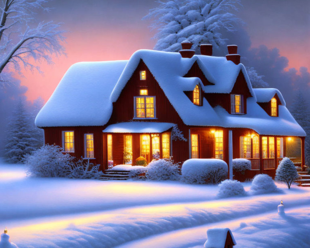 Snow-covered House Glowing in Twilight Winter Scene