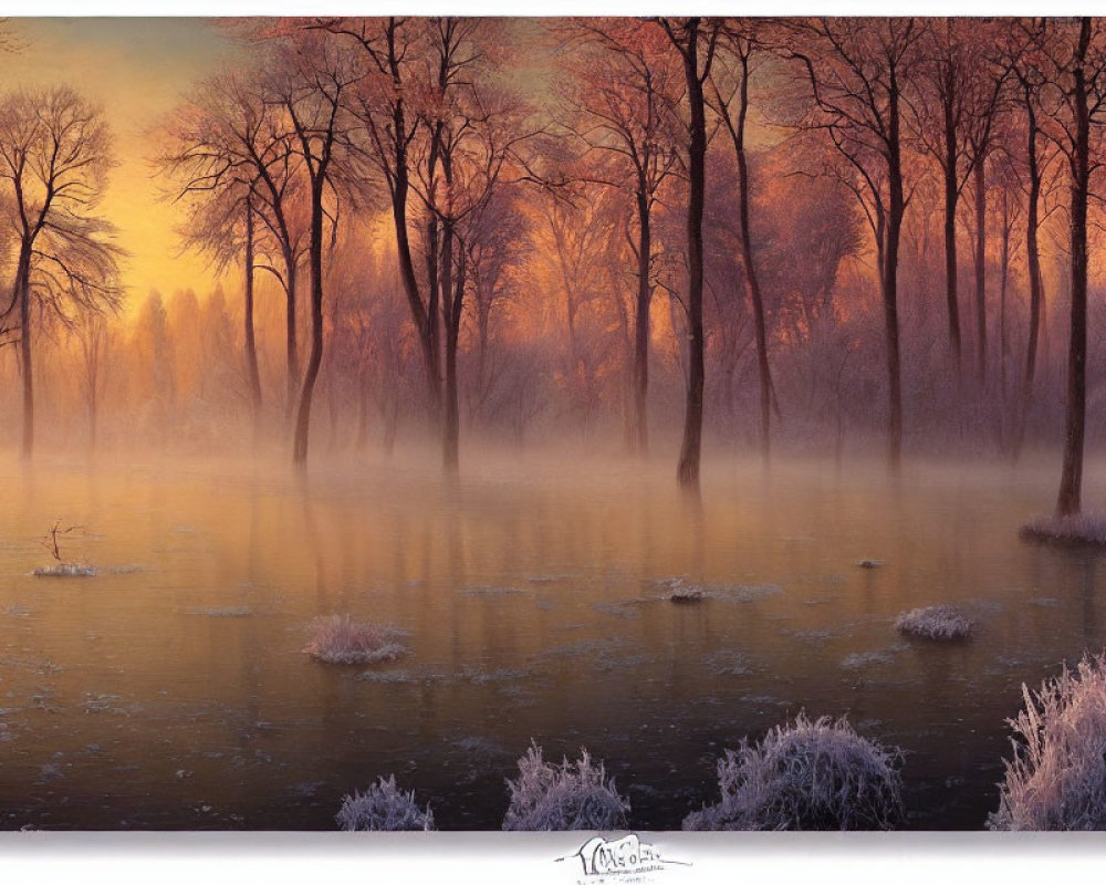Frost-covered riverscape at dawn with mist and sunlight through bare trees.