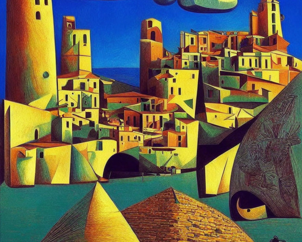 Vibrant Cubist Painting of Mediterranean Village