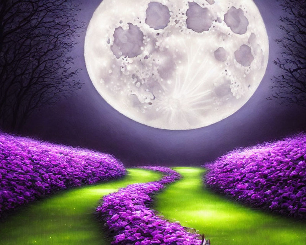 Fantasy landscape: Winding path, purple flowers, full moon, dark trees