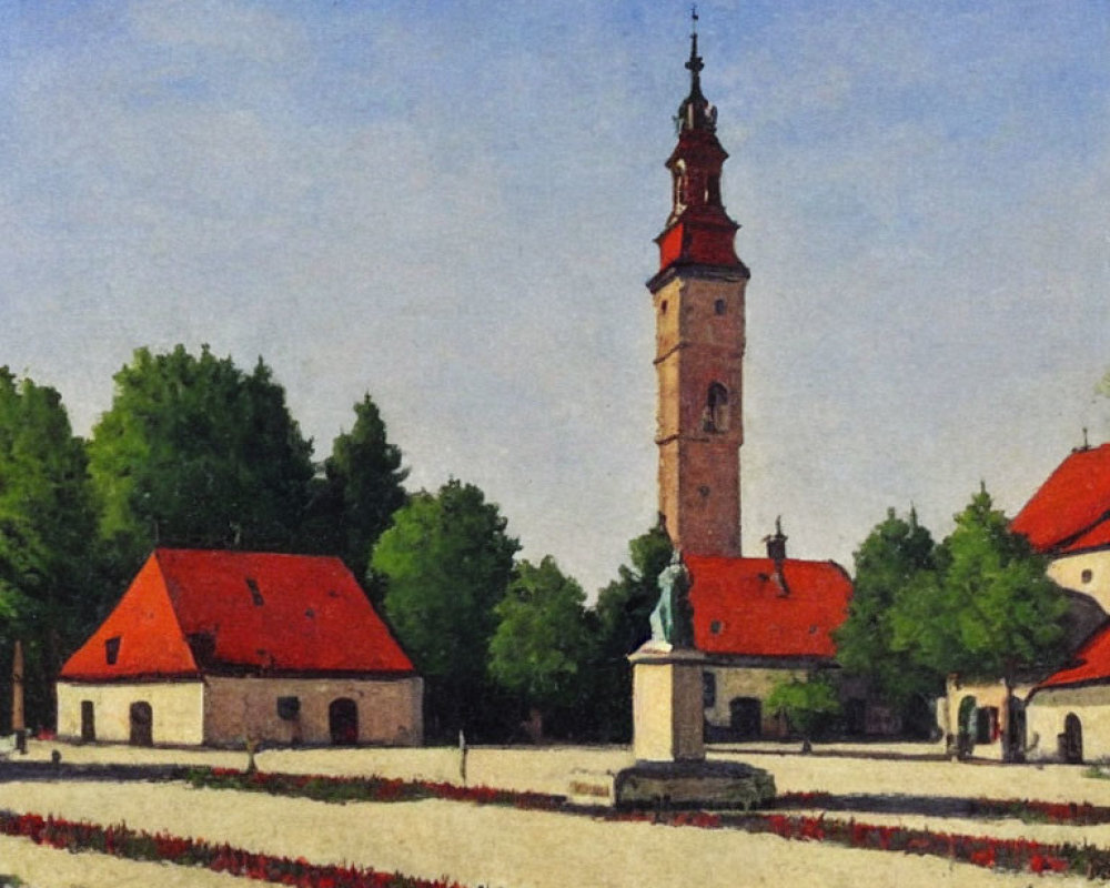 Classic European Town Square Oil Painting with Clock Tower & Statue