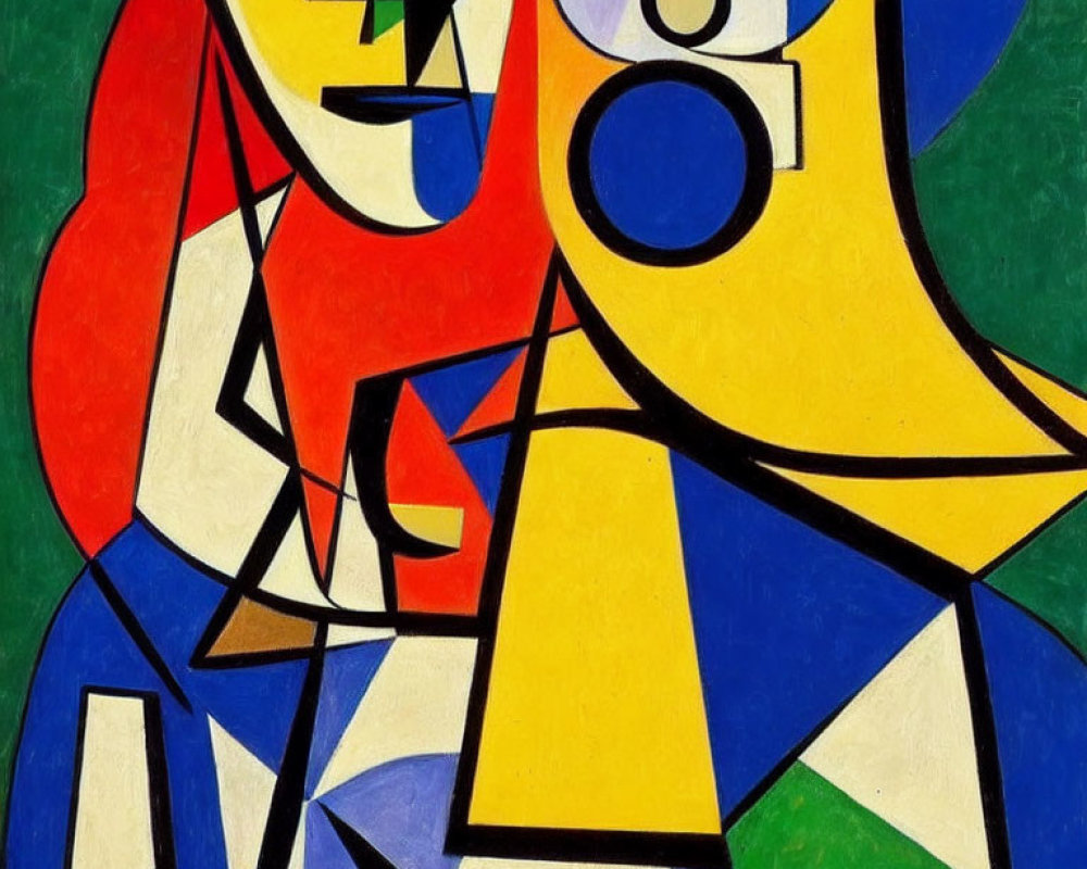 Colorful Abstract Cubist Painting with Interlocking Shapes & Fragmented Figures