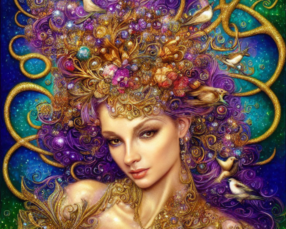 Detailed illustration of woman with jeweled headdress on cosmic background