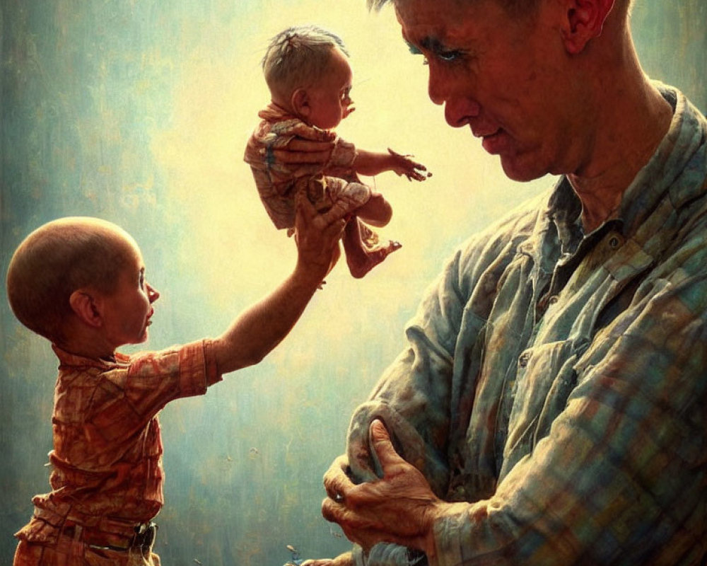 Painting of older man with doll-like figure and child in warm light