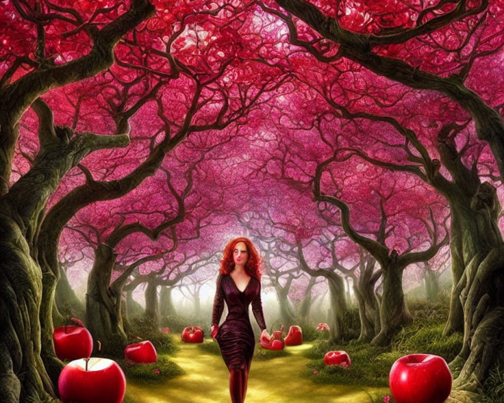 Woman in Black Dress Walking Through Mystical Forest with Pink Foliage and Red Apples