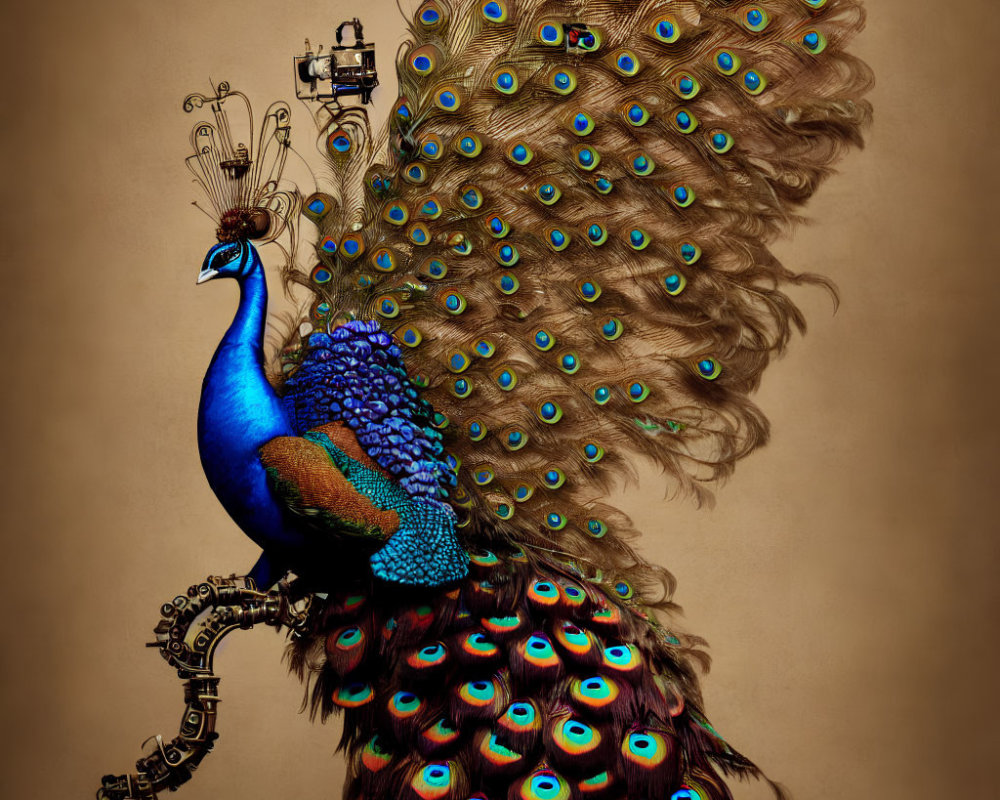 Vibrant Blue Peacock with Iridescent Plumage on Beige Background
