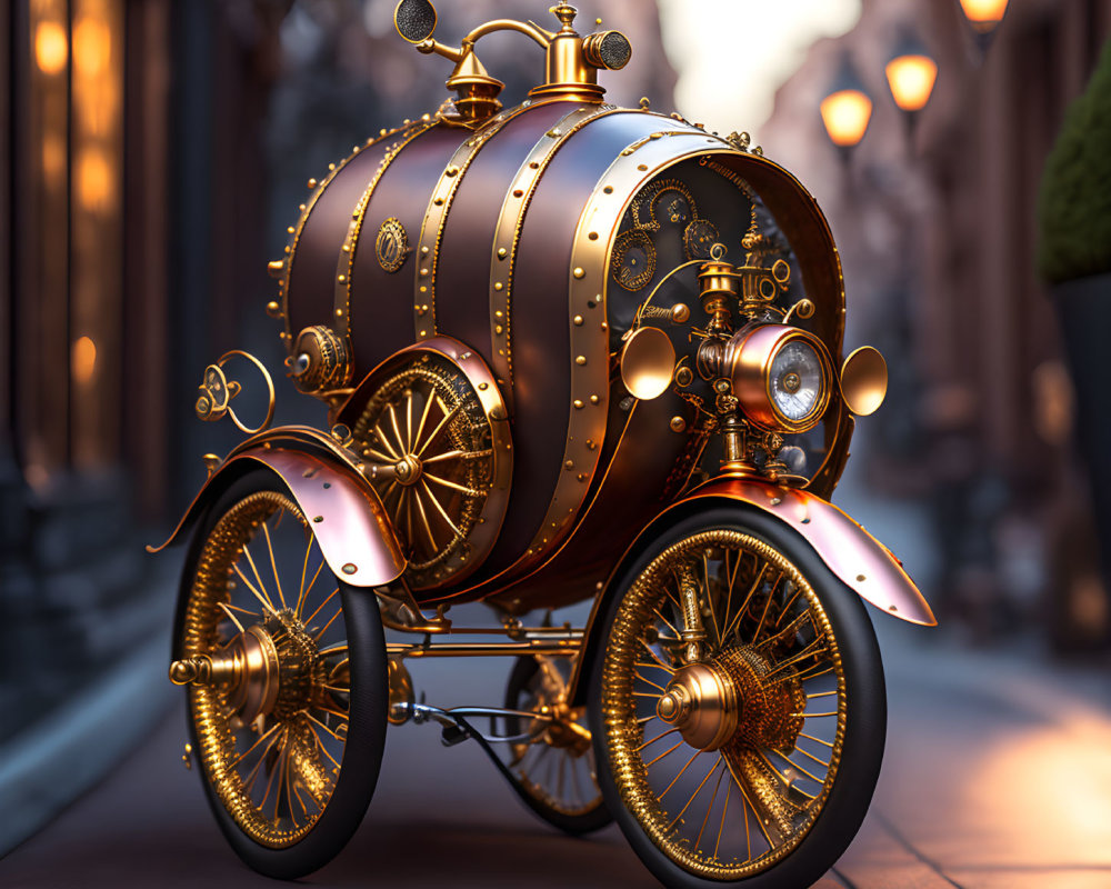 Steampunk Vehicle with Brass Detailing on Cobbled Street at Sunset