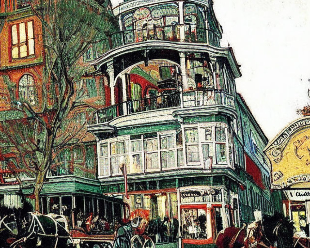 Detailed Vintage Street Corner Illustration with Horse-Drawn Carriages