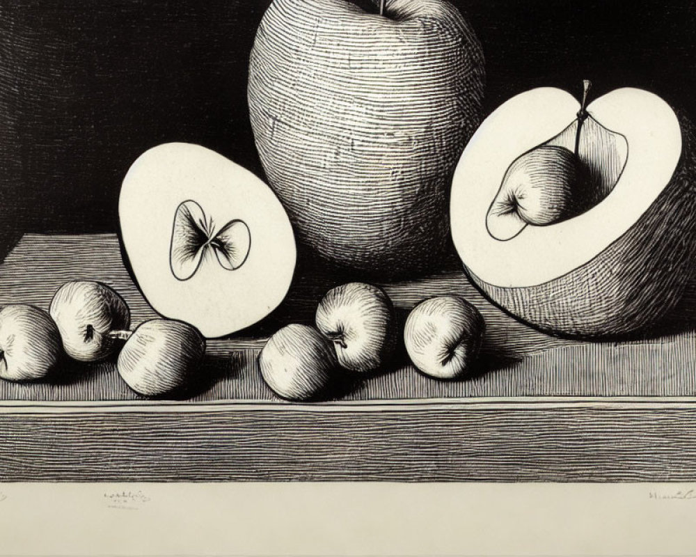Monochrome etching of sliced apples with butterfly on surface