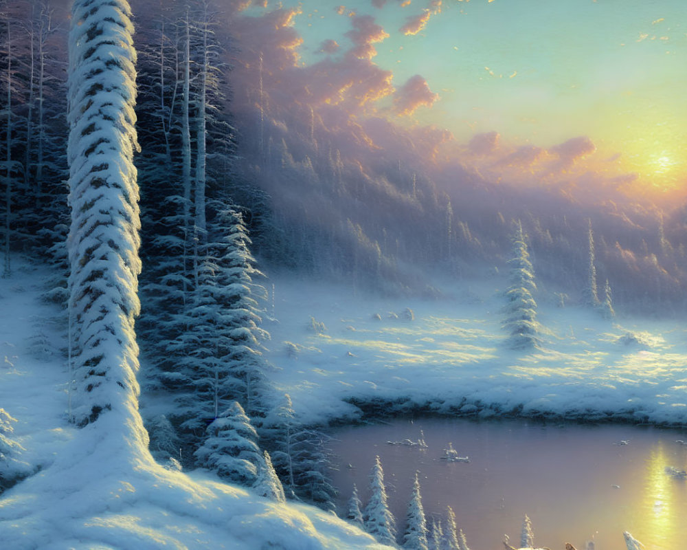 Tranquil river with snow-covered evergreen trees at sunset