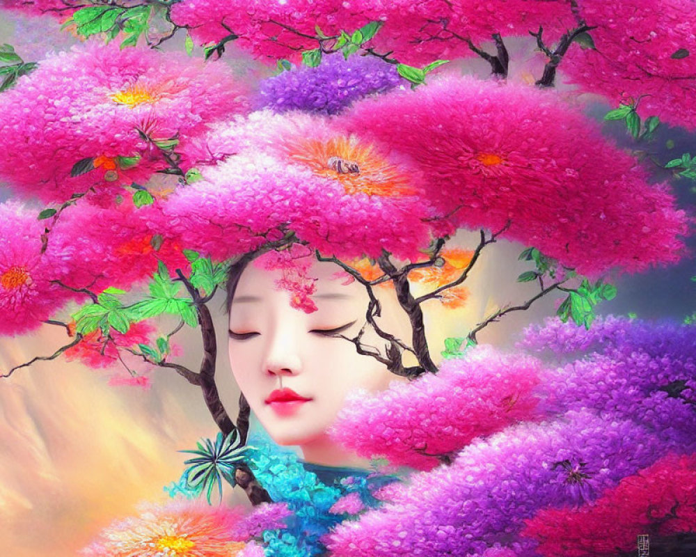 Digital artwork: Woman's face merges with colorful flowering trees