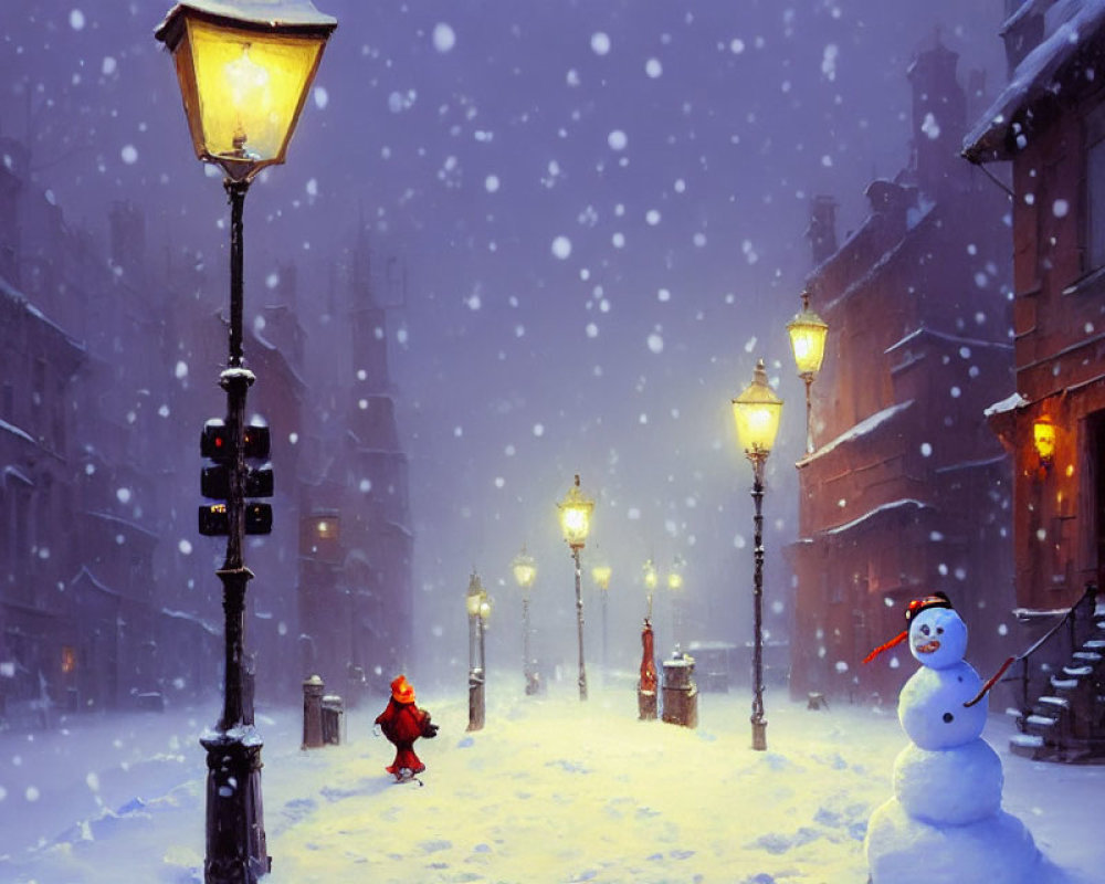 Snowy city night scene with glowing street lamps, snowman, and red figure