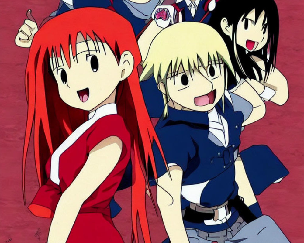 Four Smiling Animated Characters in School Uniforms on Vibrant Red Background