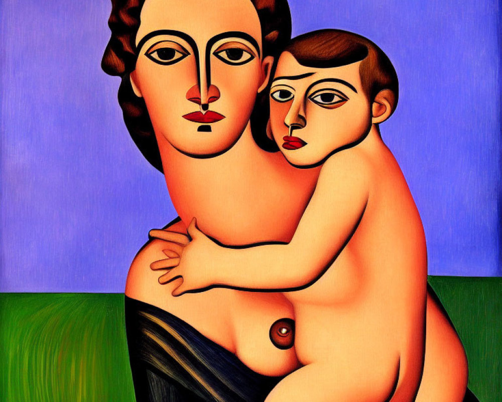 Stylized painting of woman and child on blue and green background