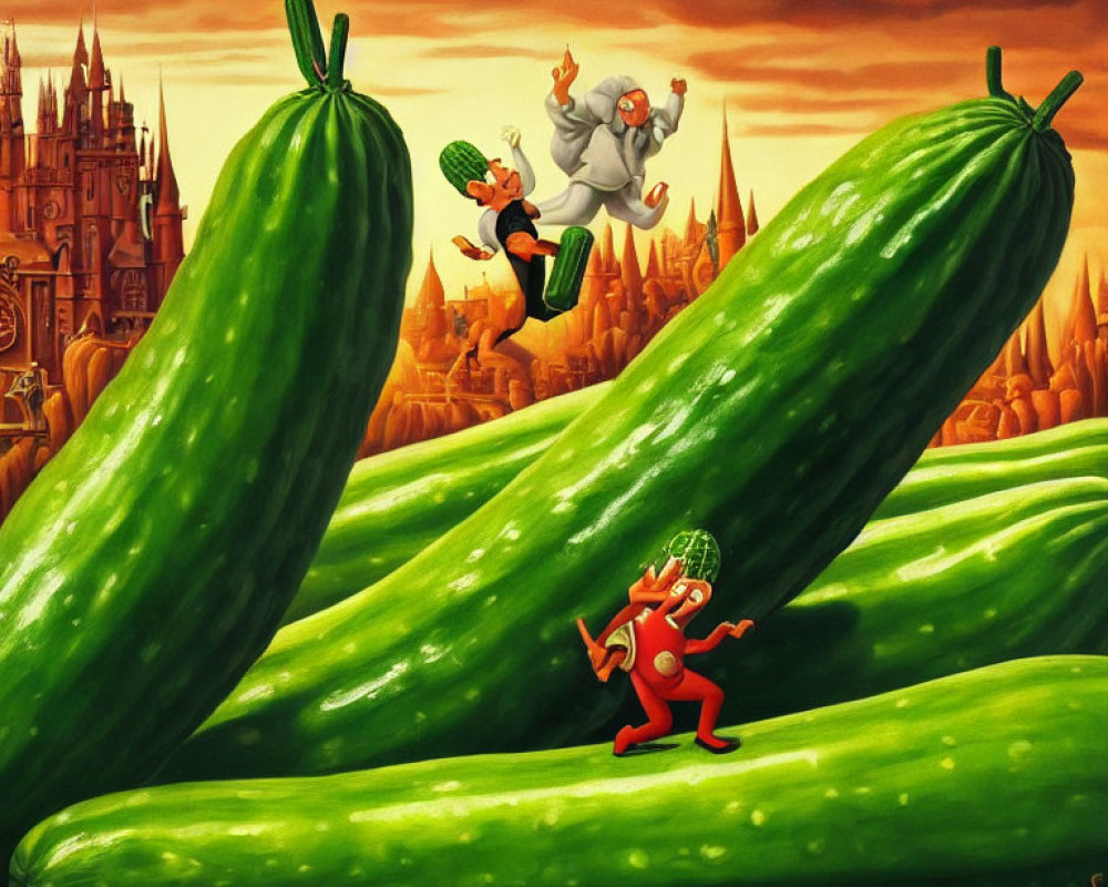 Whimsical vegetable characters in fairytale painting with large cucumbers
