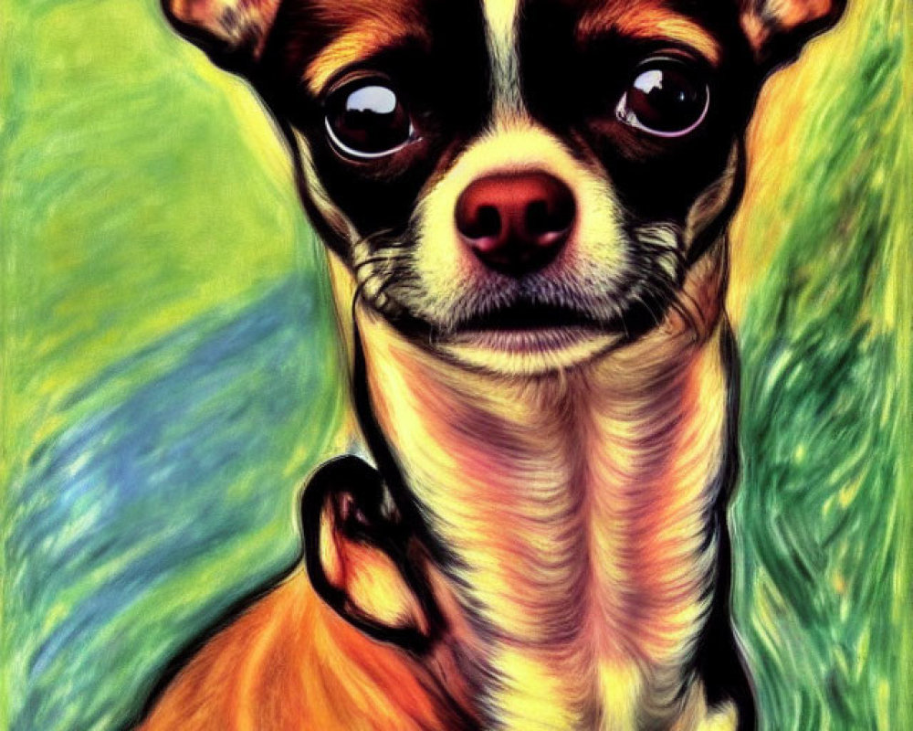 Chihuahua portrait with head tilt, large ears, intense gaze on vibrant backdrop