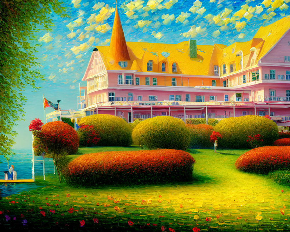 Colorful Landscape with Pink Victorian Hotel and Lakeside View