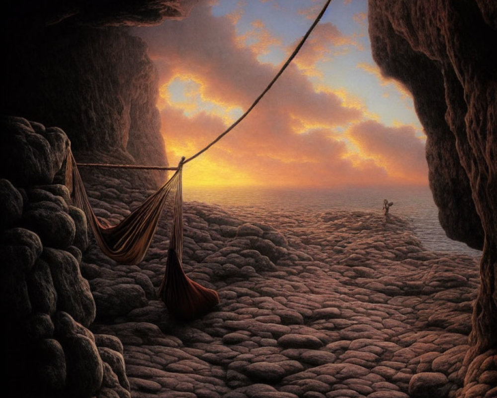 Hammock in cave with sunset view and lone figure walking outside