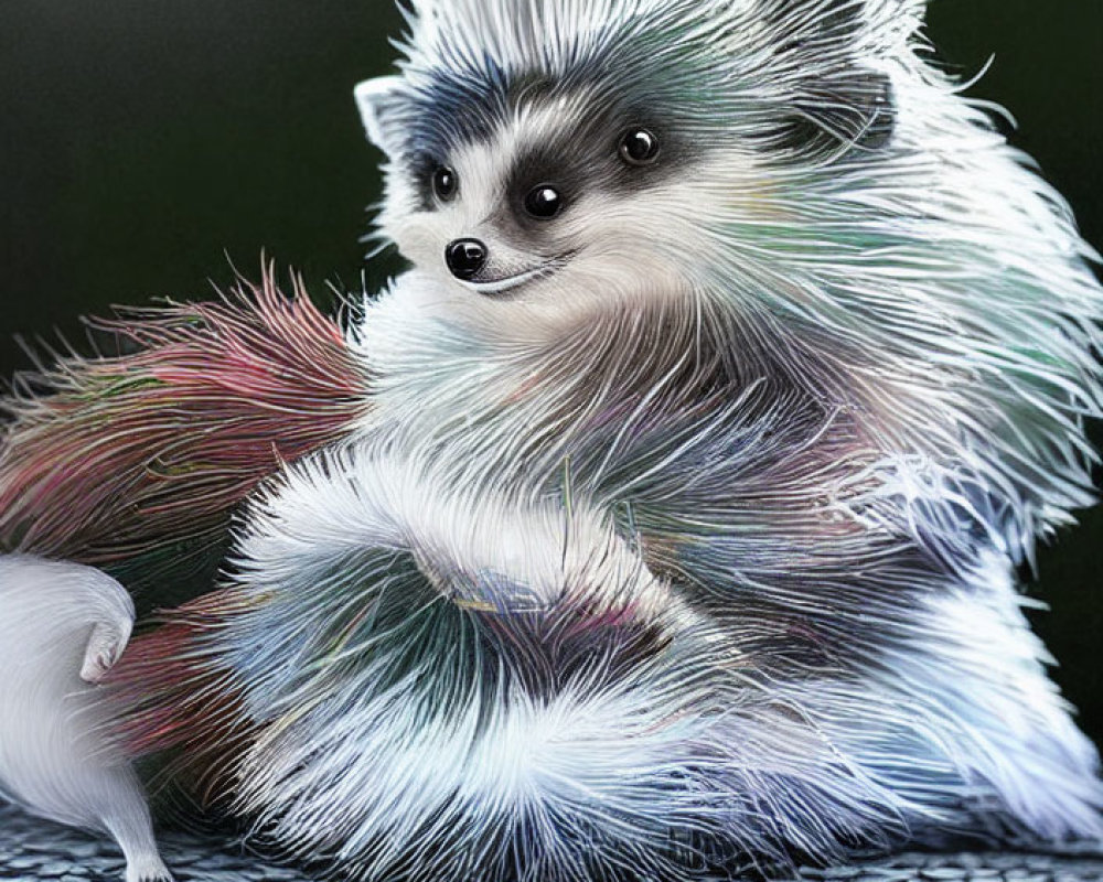 Colorful whimsical hedgehog with spiky fur in white, blue, and pink on dark