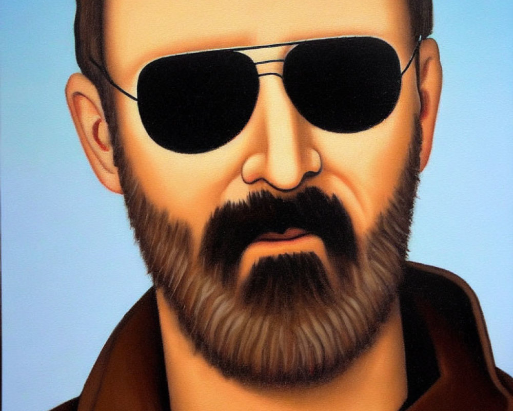 Man with Beard and Aviator Sunglasses Painting on Blue Background
