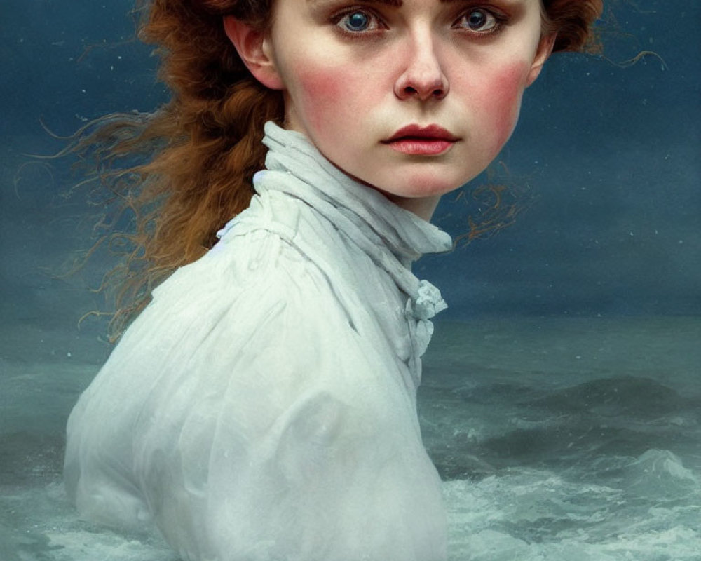 Red-haired woman in white blouse against stormy sea portrait