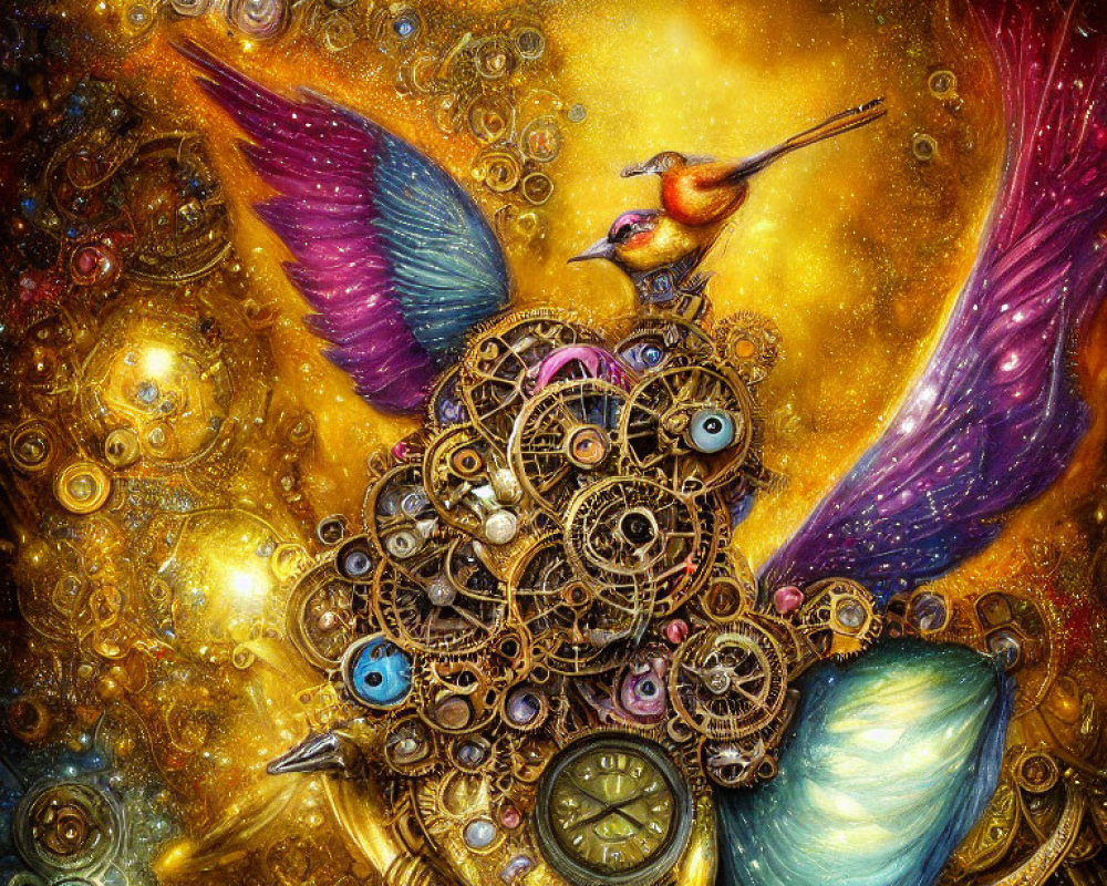 Colorful hummingbird on golden gears with celestial backdrop