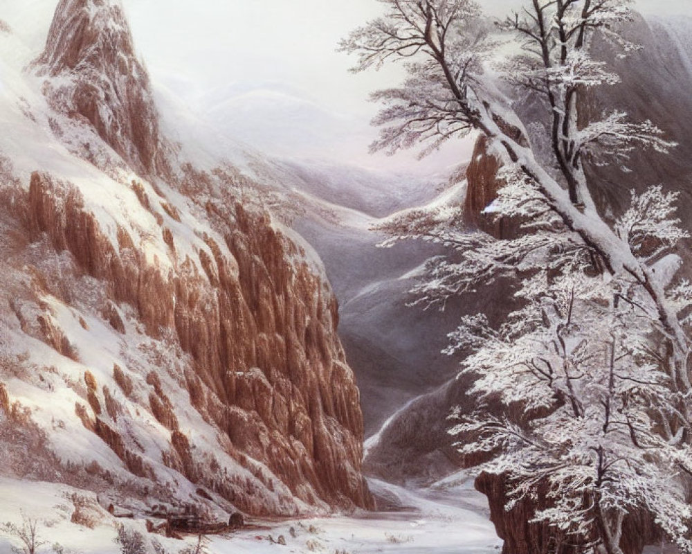 Snow-covered trees, frozen river, rocky cliffs, and mountain peak in serene winter landscape