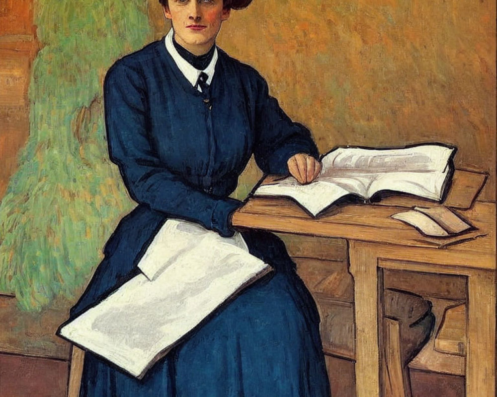Seated woman in blue dress reading book at wooden table