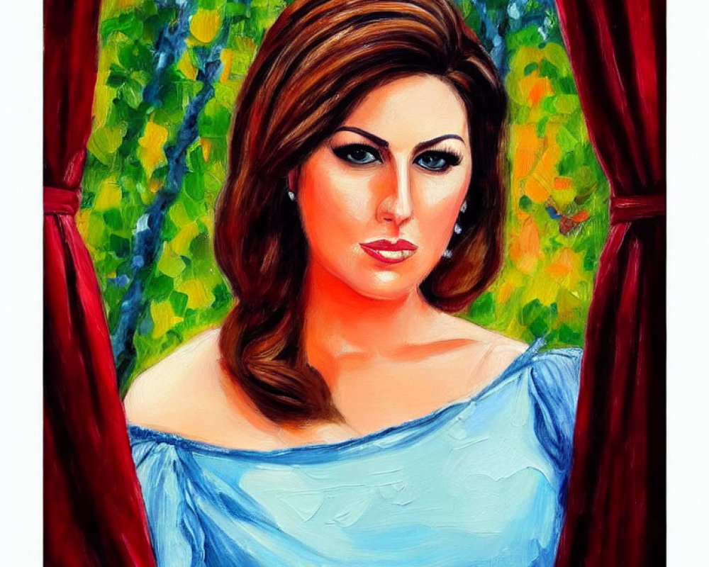 Vibrant painting of woman with brown hair and blue eyes in light blue dress framed by red curtains