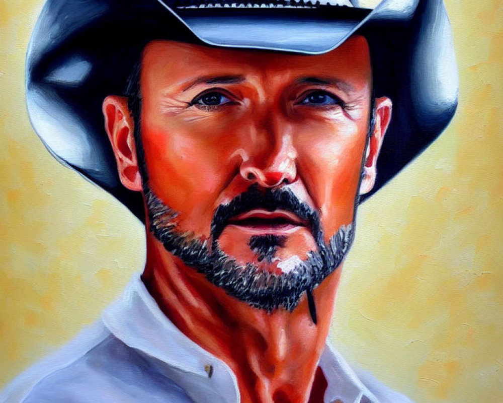 Rugged man with beard in cowboy hat painting on yellow background
