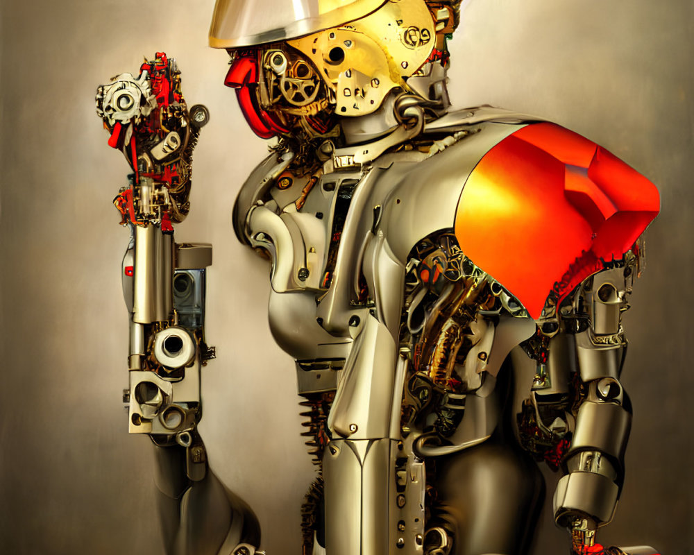 Detailed humanoid robot with mechanical joints and glossy metallic exterior on textured background.