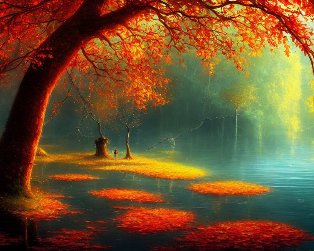 Vibrant autumn landscape: red and orange foliage, serene lake, hazy sunlight.