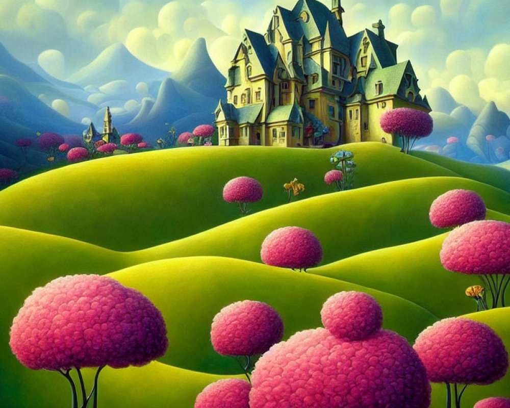 Whimsical landscape with grand multi-turreted house on green hills