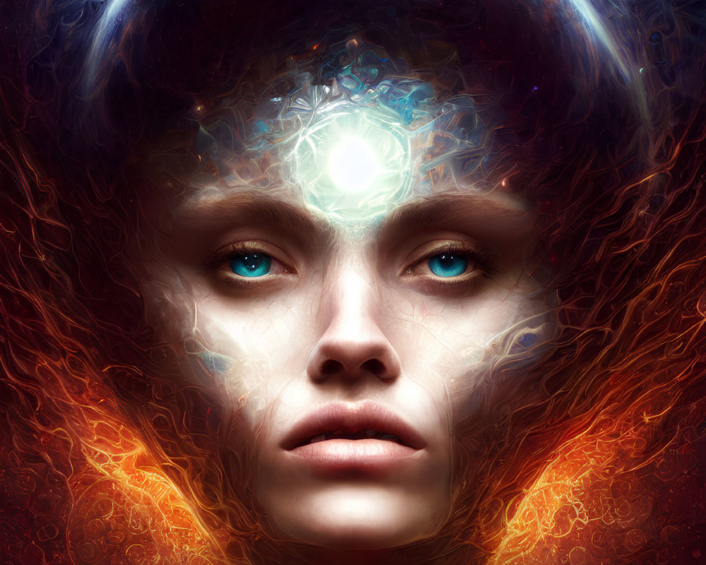 Digital art: Woman's face with cosmic elements and bright orb, surrounded by celestial and fiery textures.