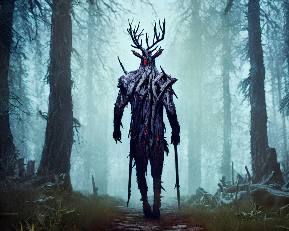 Mystical figure with antlers and twig cloak in foggy forest